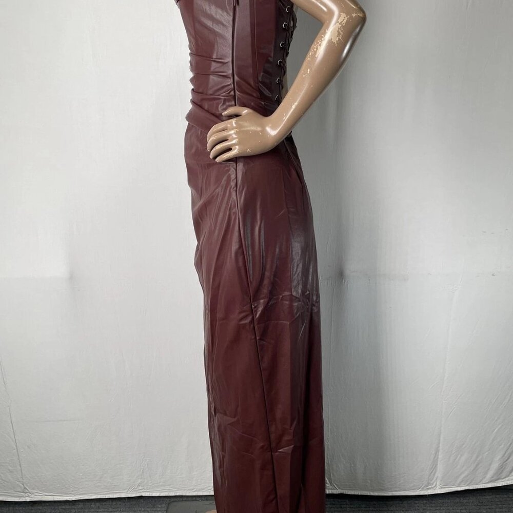 NEW BABYBOO Maxi Dress Burgundy Red Size M Alba Faux Leather Boned Cowl Neck - Picture 13 of 14